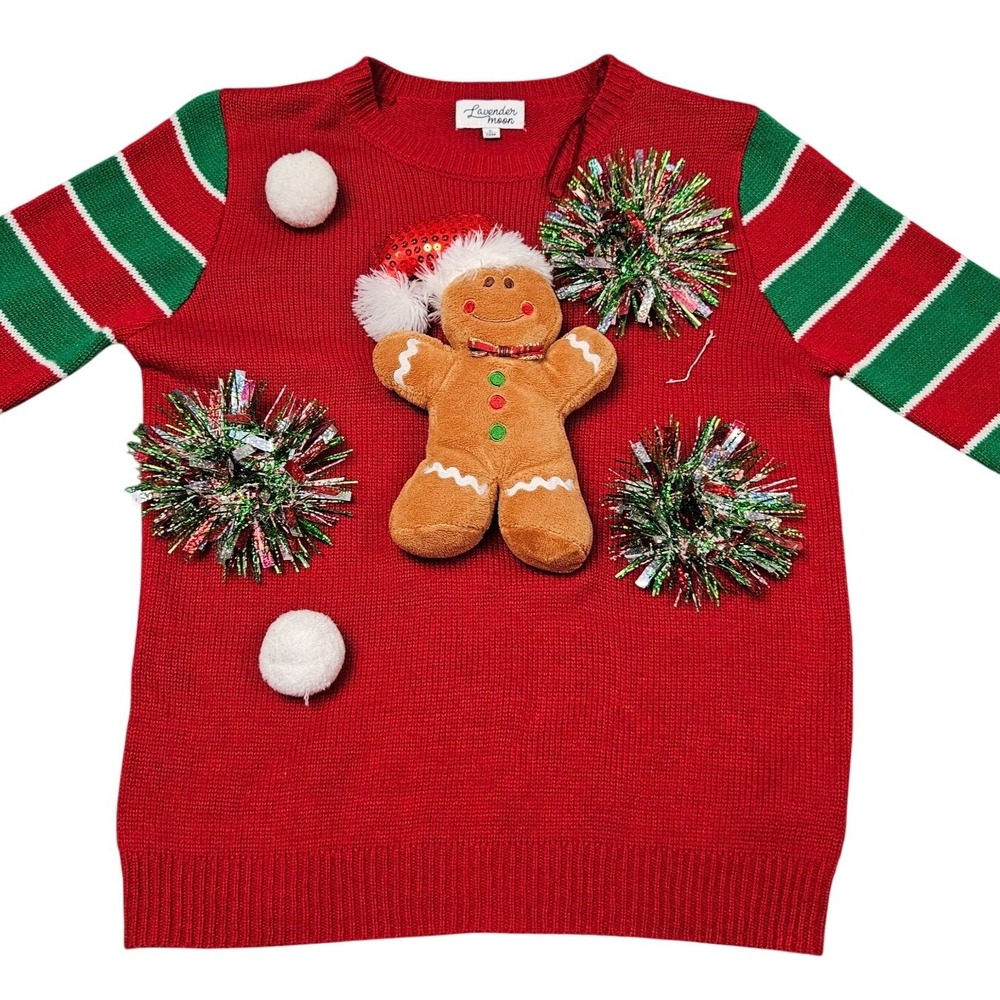 Gingerbread Man‎ Ugly Christmas Sweater Small Red Green Stripe Holiday Plush 3D